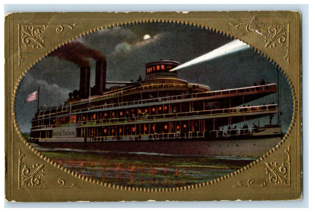 c1910 Hendrick Hudson Steamer at Moonlight, Smoke, American Flag Postcard