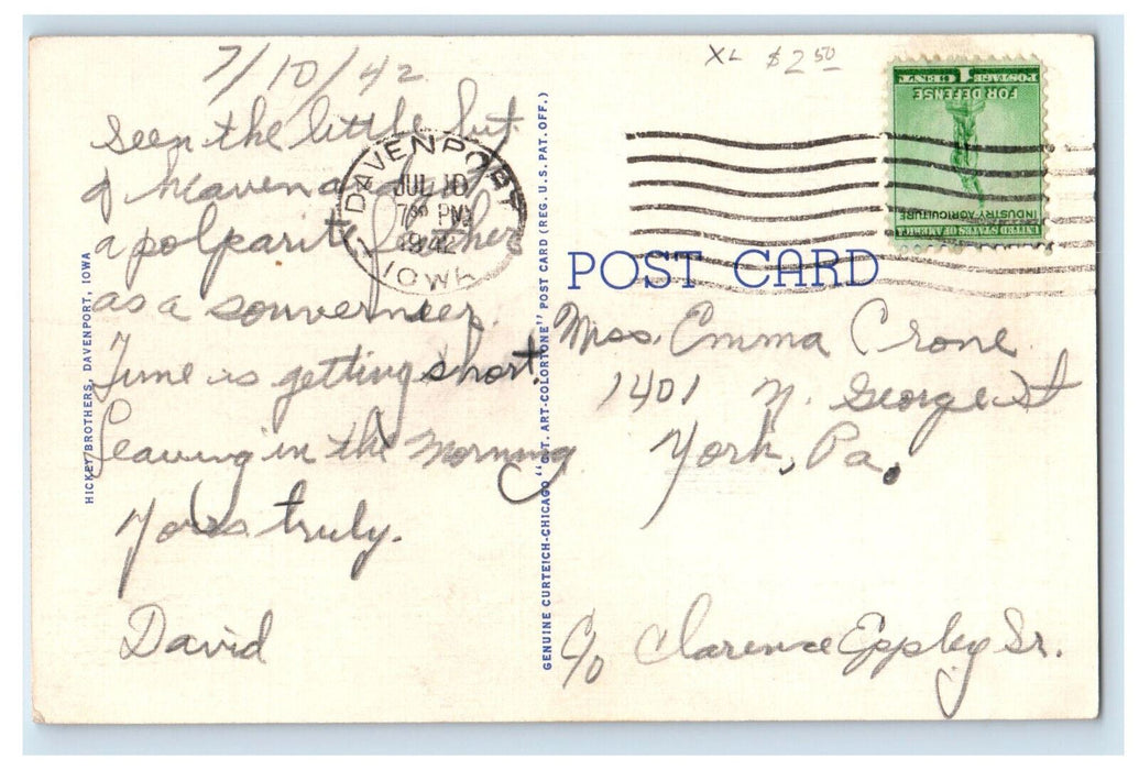 1942 Steamship "President" on Mississippi Davenport Iowa and Illinois Postcard