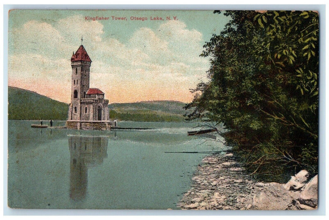1914 Kingfisher Tower Boat Otsego Lake Cooperstown New York NY Antique Postcard