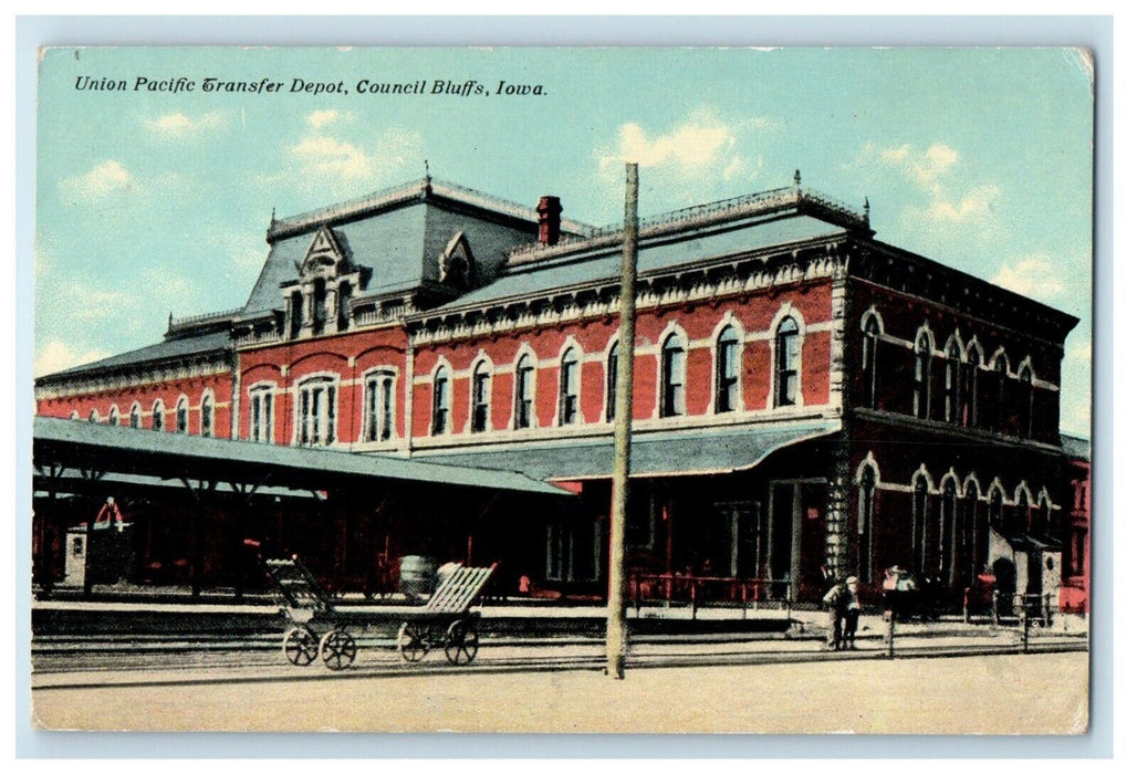 1911 Union Pacific Transfer Depot Train Station Council Bluffs Iowa IA Postcard