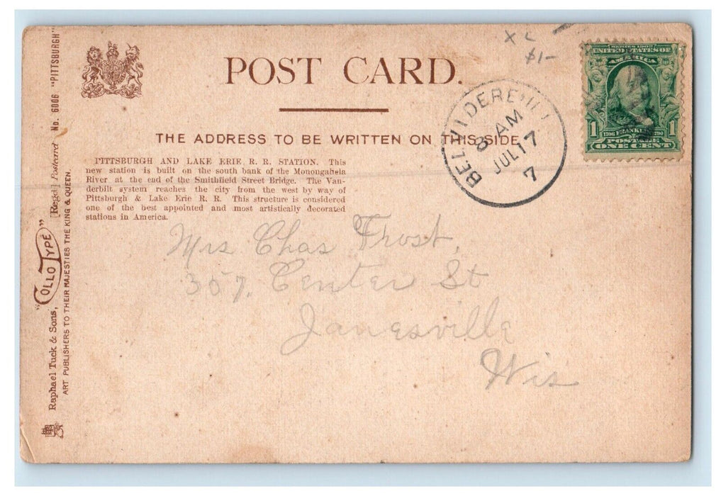 Pittsburgh PA, Pittsburgh & Lake Erie Railroad Station Depot Tuck's Postcard