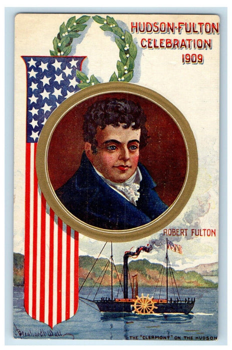 1909 Hudson Fulton NY, Celebration Robert Fulton Steamer Patriotic Postcard