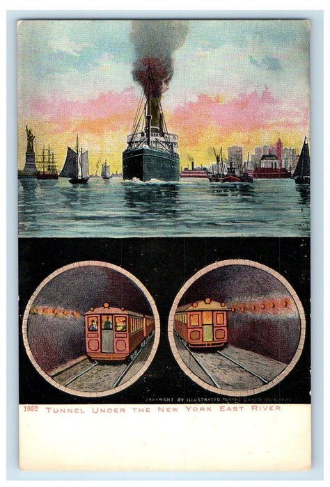 Tunnel Under The New York East River Railroad Train And Steamer Ship NY Postcard