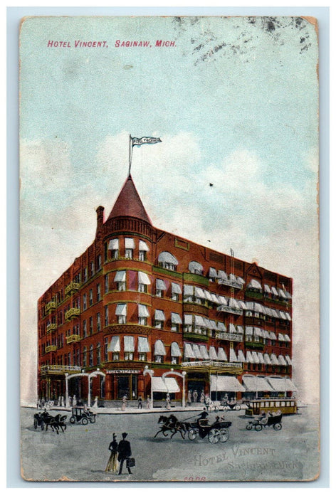 c1910 Horse Carriage Hotel Vincent, Hotel Flag, Saginaw Michigan MI Postcard