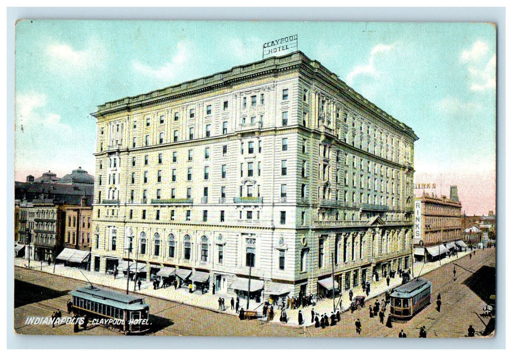 1910 Scene of Trolley Cars, Claypool Hotel Indianapolis IN Posted Postcard