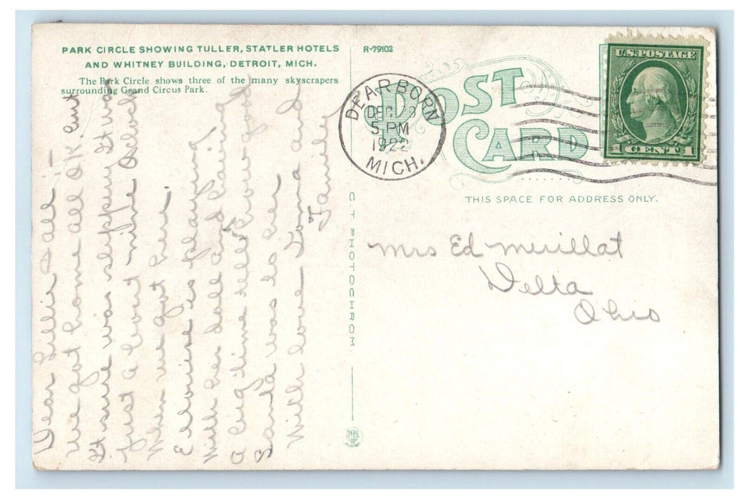 1922 Park Circle Tuller Statler Hotels Whitney Bldg Detroit Michigan MI Postcard