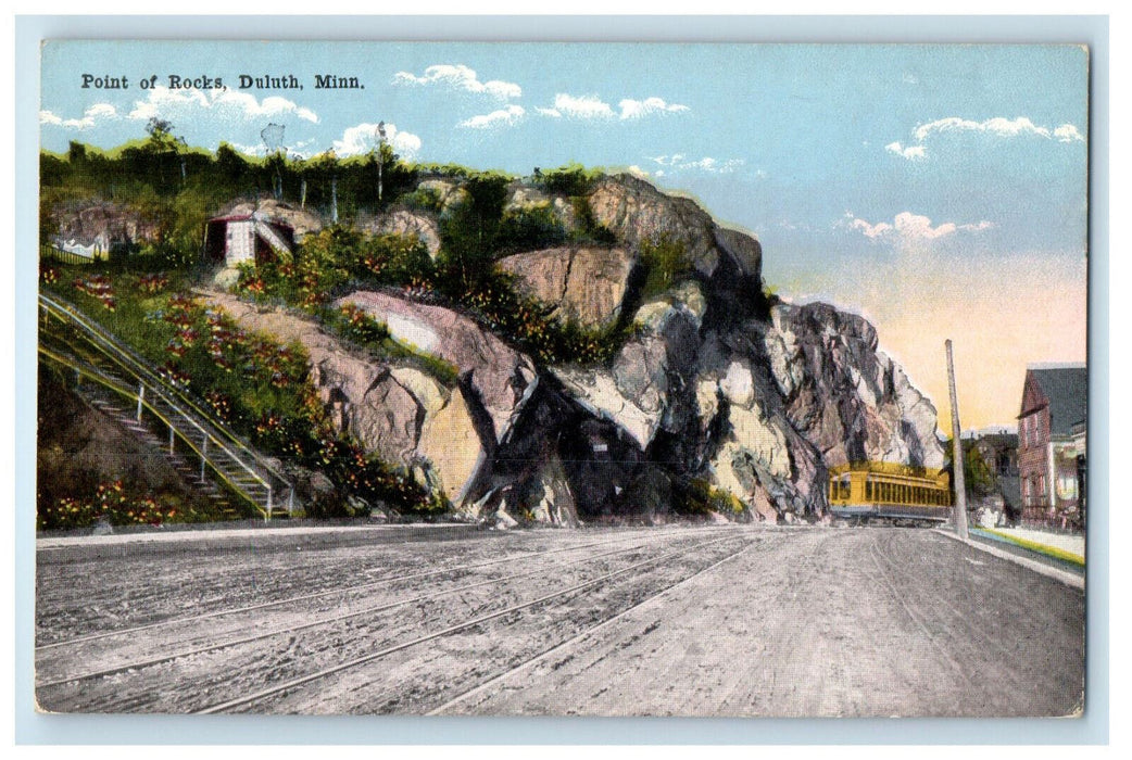 c1910 Trolley Scene, Stairway, Point of Rocks Duluth Minnesota MN Postcard