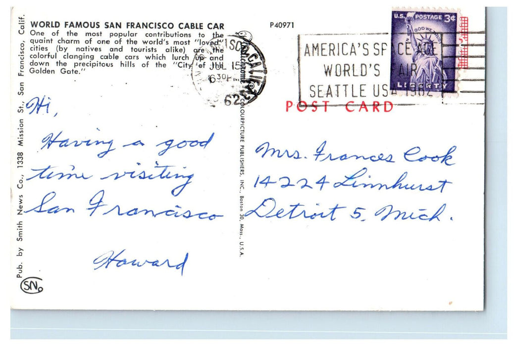 c1950's Powell and Market, Powell & Mason Sts. 509 Cable Car CA Postcard