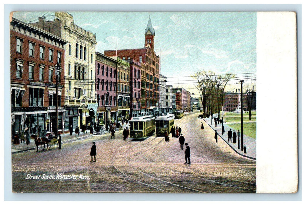 c1910 Trolley Scene, Street Scene Worcester Massachusetts MA Antique Postcard