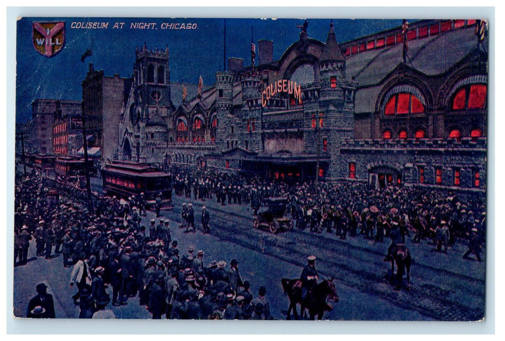 c1910 Trolley Car, Horse Riding, Coliseum at Night Chicago Illinois IL Postcard