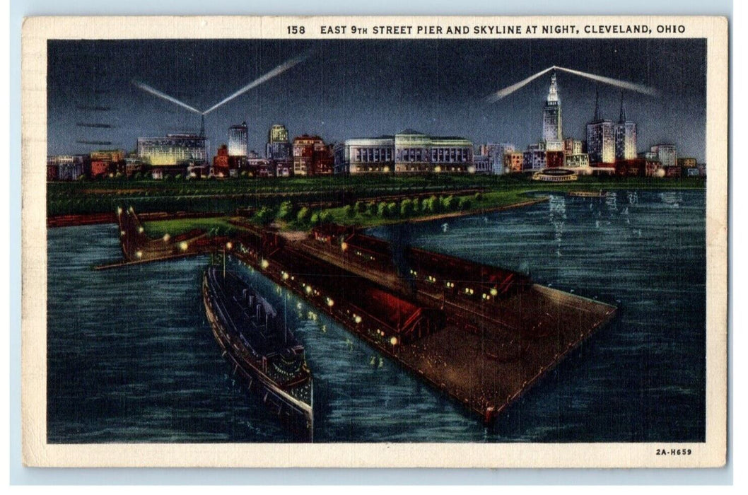 1935 East 9th Street Pier Skyline Night Cleveland Ohio OH Vintage Postcard