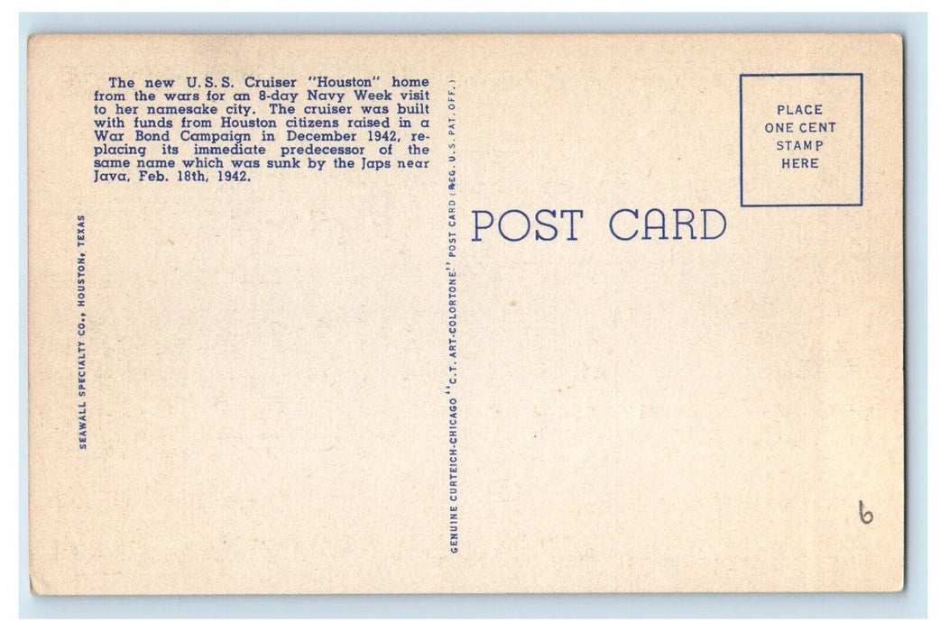 c1940 New USS Cruiser Houston Steamer Houston Texas TX Vintage Antique Postcard
