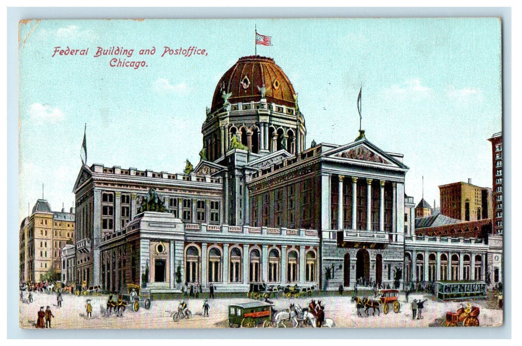 1908 Horse Carriage, Federal Building & Post Office Chicago Illinois IL Postcard