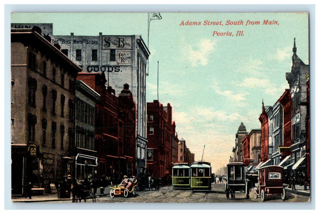 c1910 Trolley Car, Adams Street South from Main Peoria Illinois IL Postcard