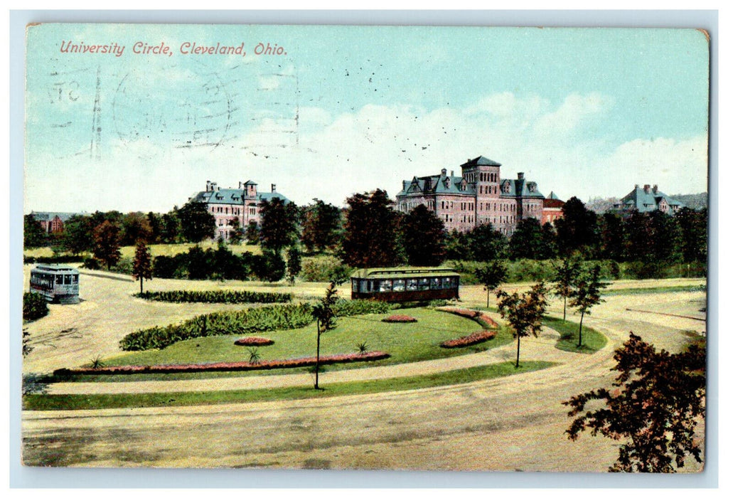 1910 Two Trolleys, University Circle Cleveland Ohio OH Posted Postcard