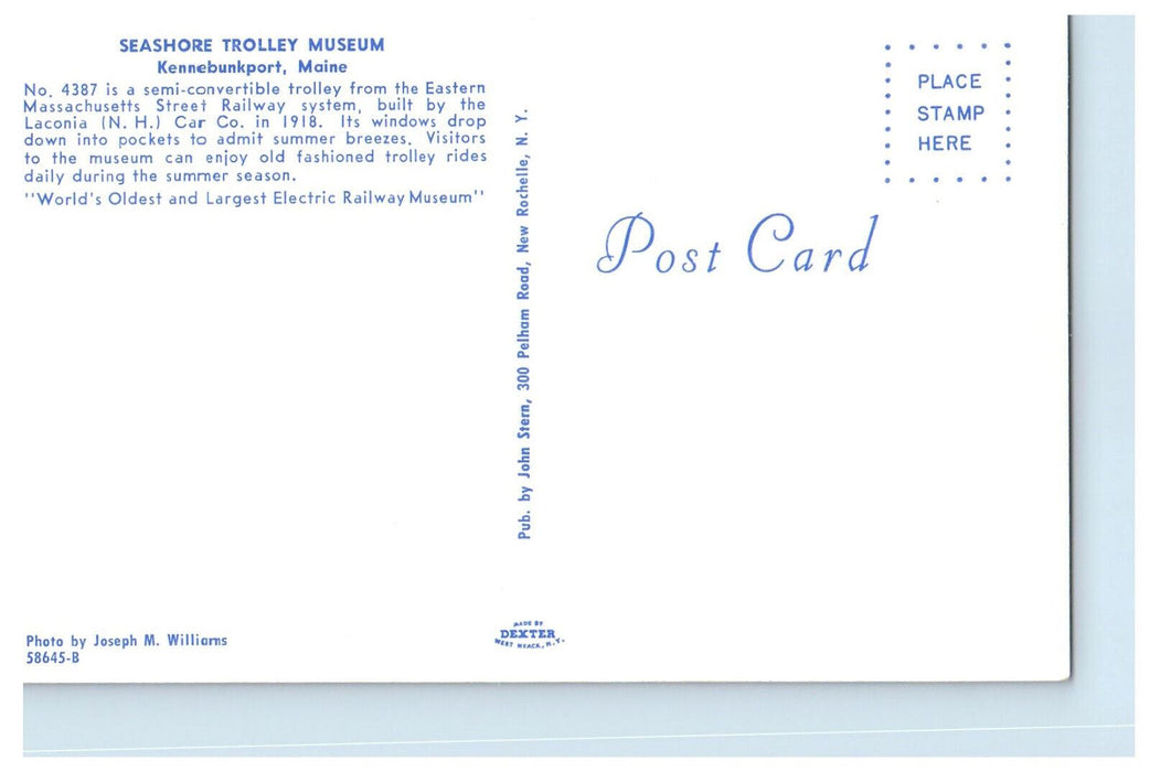c1950s 4387 Eastern MA Trolley Seashore Trolley Museum Kennebunkport ME Postcard