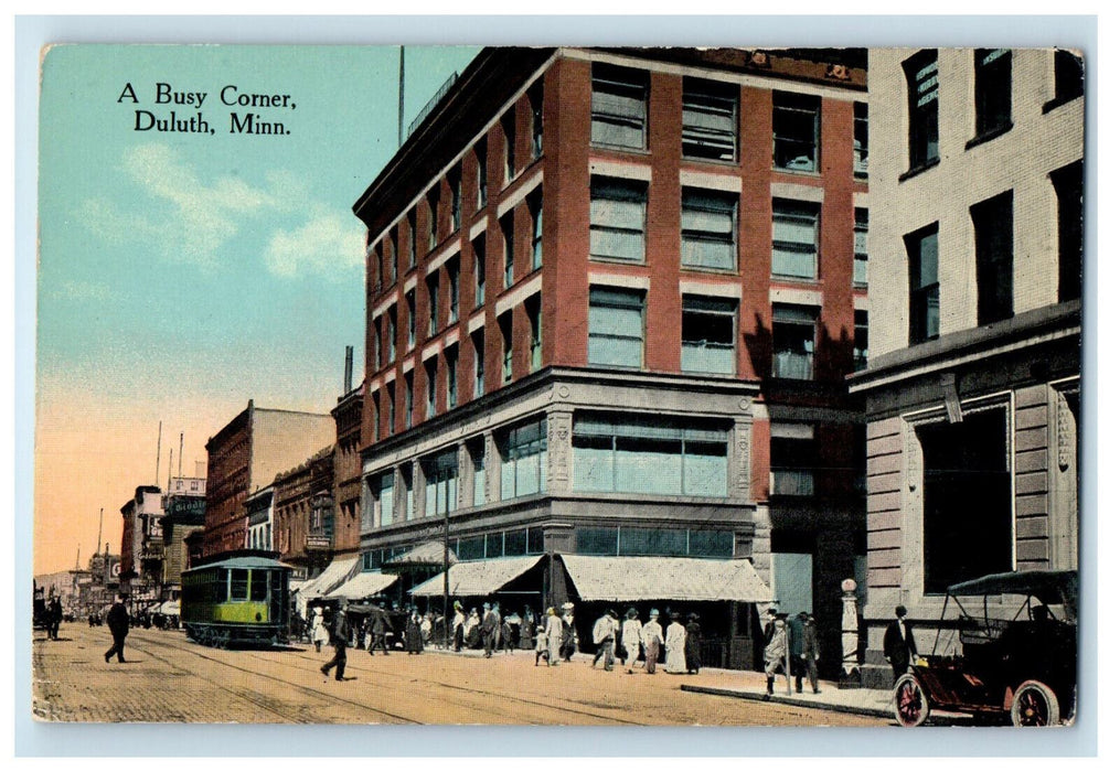 c1910 Trolley Car, A Busy Corner Duluth Minnesota MN Unposted Postcard