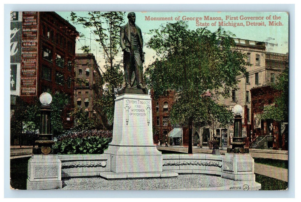 1909 Monument George Mason First Governor Detroit Michigan MI Souvenir Postcard