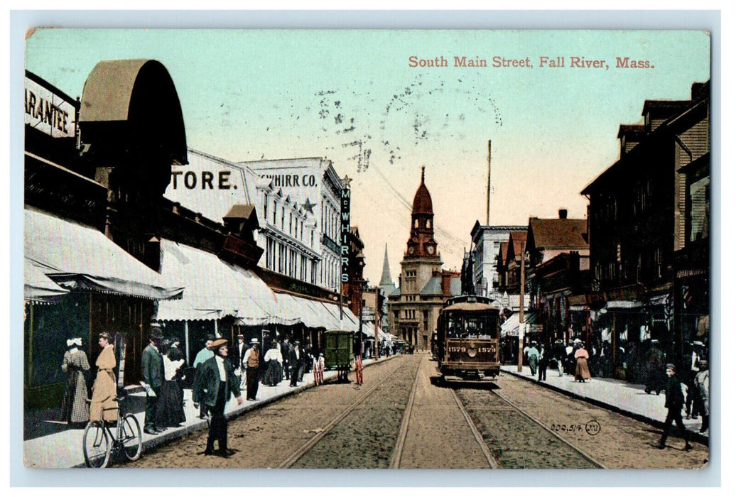 1910 Trolley Car, South Main Street, Fall River, Massachusetts MA Postcard