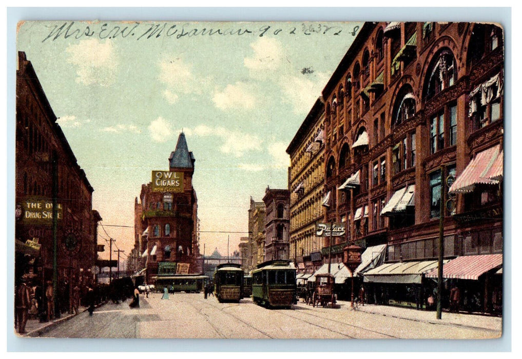 1908 Owl Drugstore, Cigars, Junction from 10th St. Kansas City MO Postcard