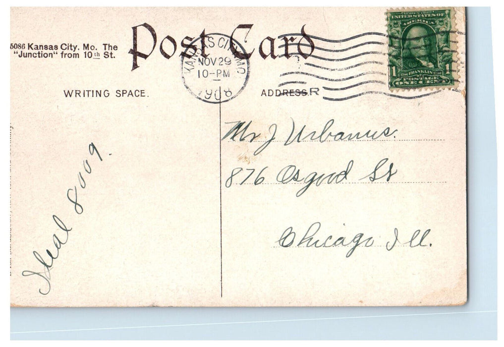 1908 Owl Drugstore, Cigars, Junction from 10th St. Kansas City MO Postcard