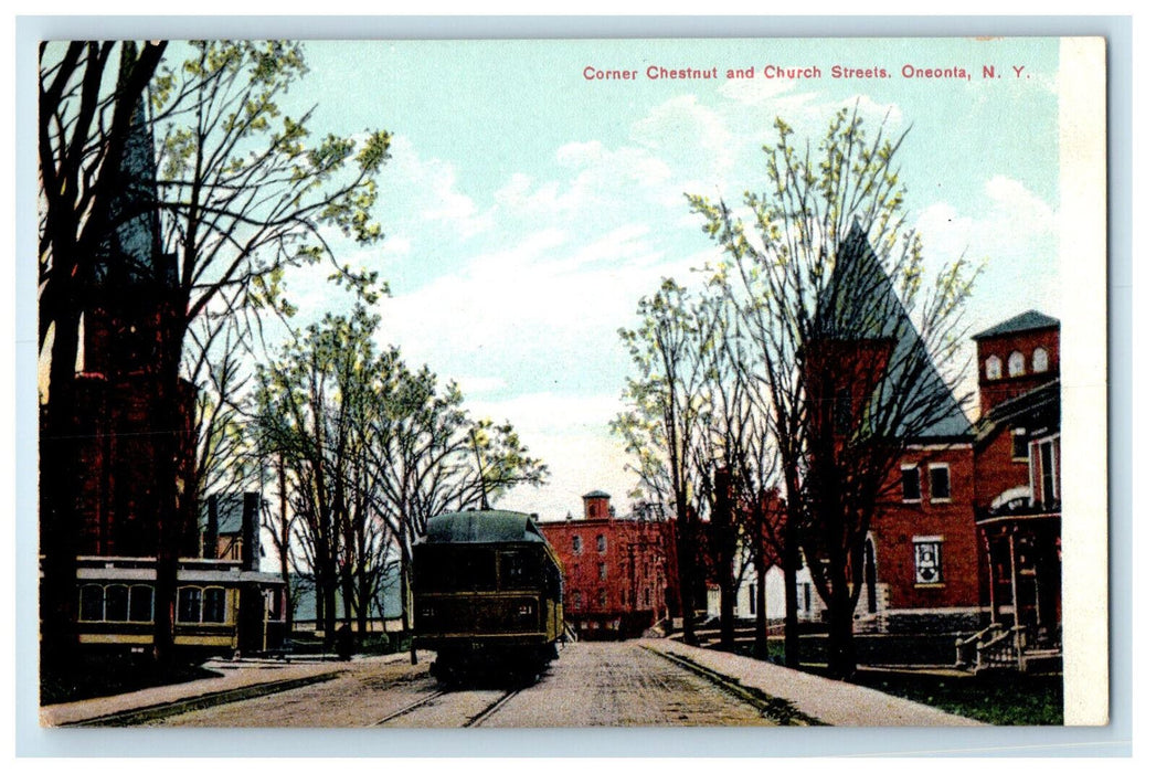 c1910 Trolleys, Corner Chestnut and Church Streets Oneonta New York NY Postcard