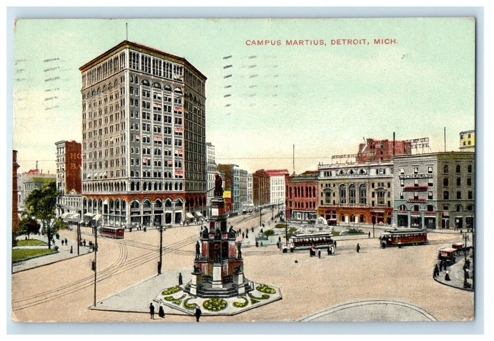 1909 Campus Martius Roundabout Streetcars Detroit Michigan MI Vintage Postcard