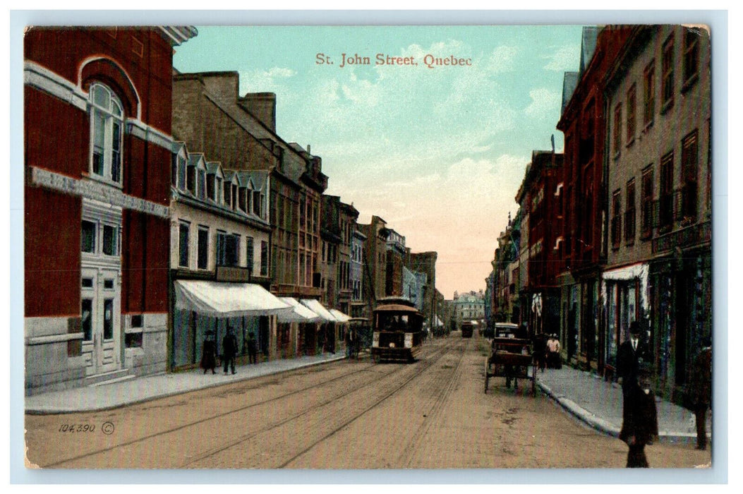 c1905 Horse Carriage, Trolley, St. John Street, Quebec, Canada Postcard