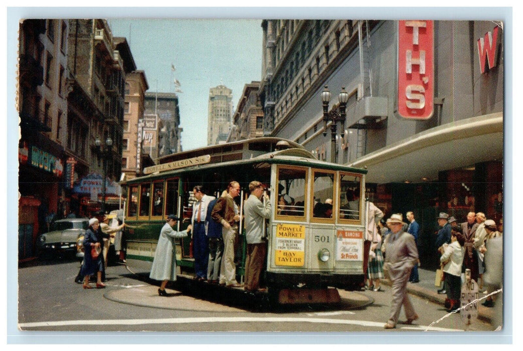 1958 Cable Car Turntable Powell And Market Streets San Francisco CA Postcard