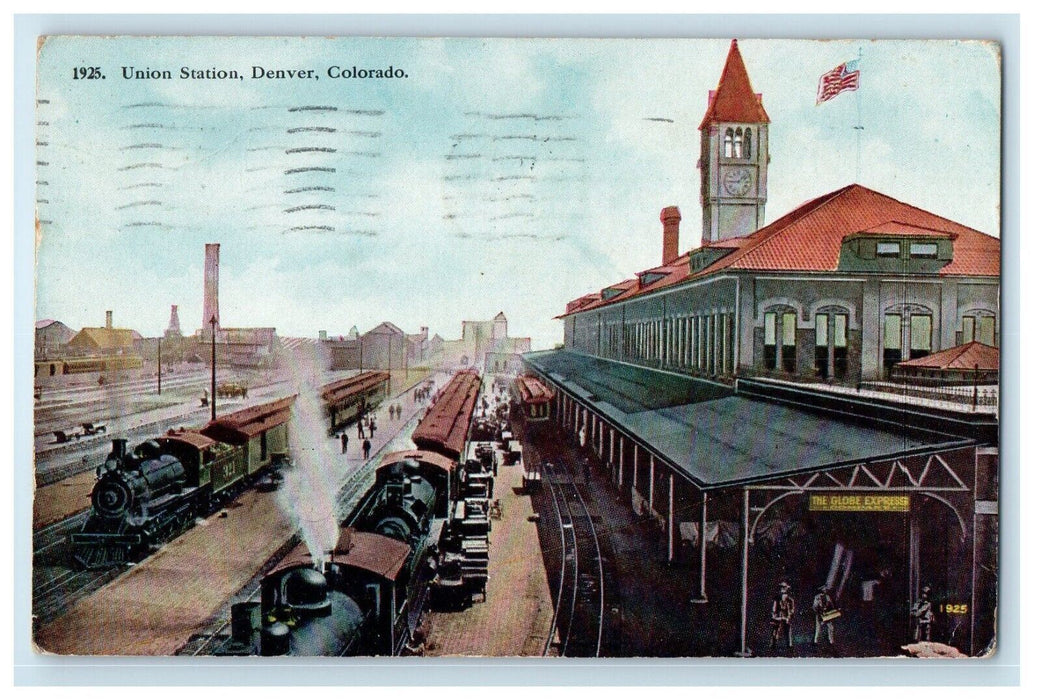 1914 Union Station Depot Railroad Train Denver Colorado CO Antique Postcard