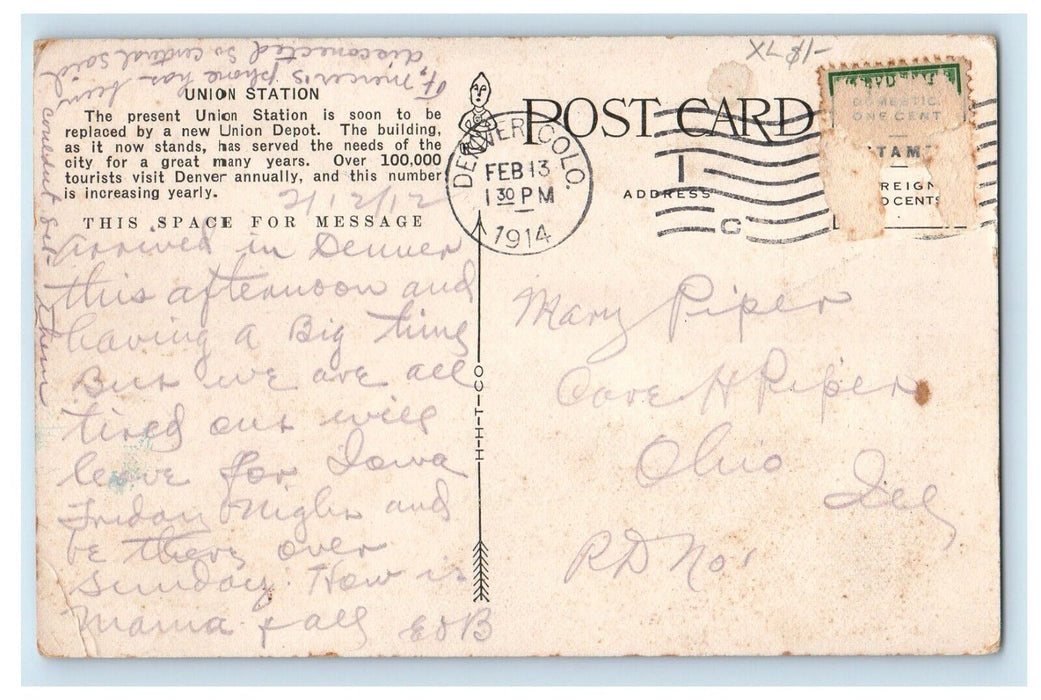 1914 Union Station Depot Railroad Train Denver Colorado CO Antique Postcard