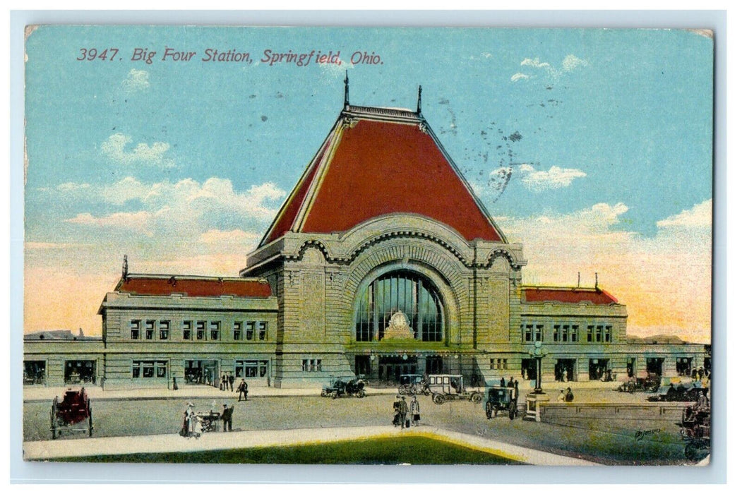 1911 Front View Of Big Four Station Depot Cars Springfield Ohio OH Postcard