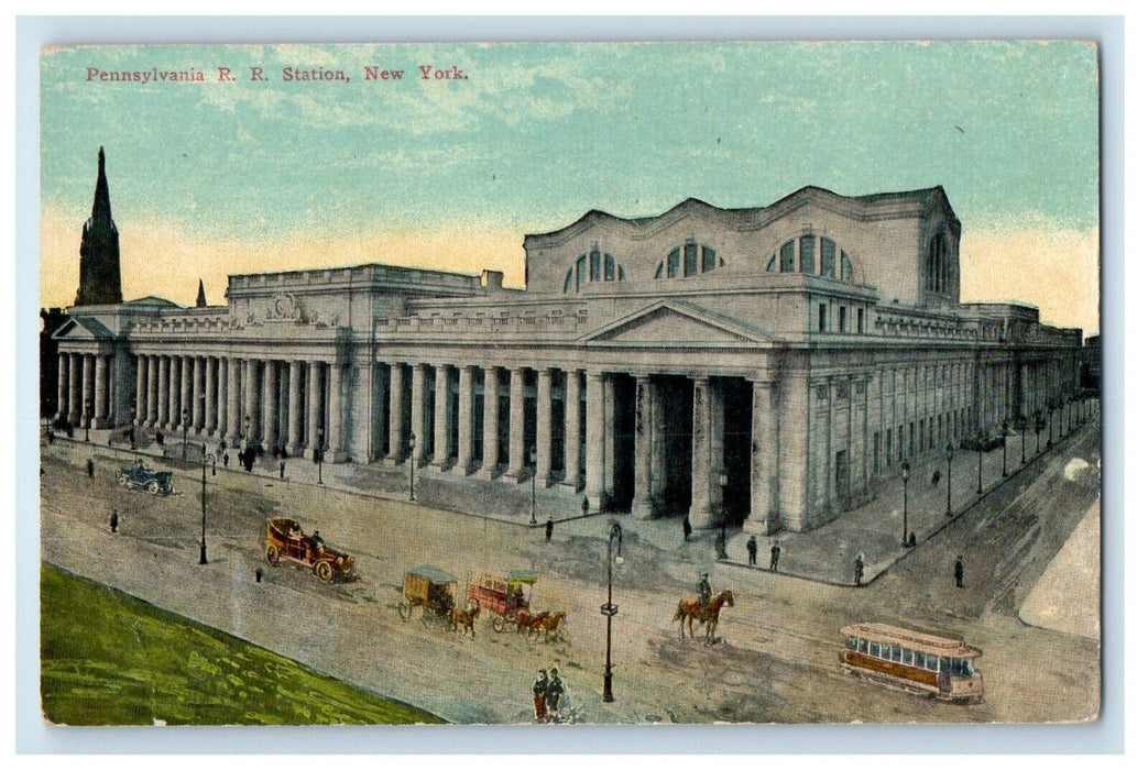 Pennsylvania Railroad Train Station Depot Terminal Cars NY Postcard