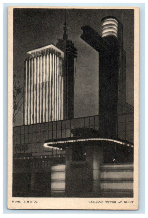 1933 Carillon Tower At Night A Century Of Progress Chicago Illinois IL Postcard