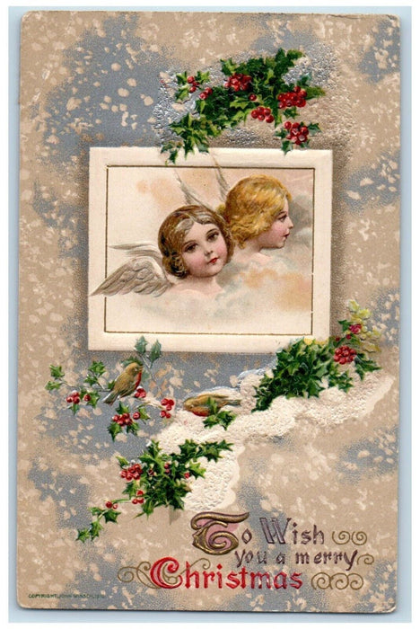1910 Christmas Holly Bird Angels Cherub Head Winsch Back Embossed Postcard