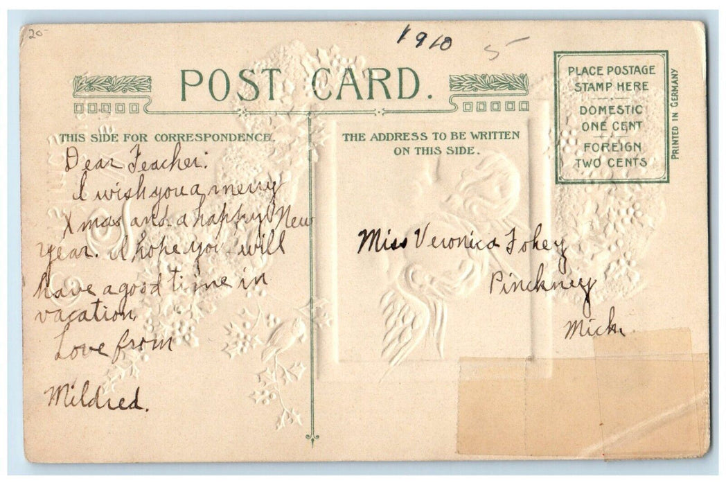 1910 Christmas Holly Bird Angels Cherub Head Winsch Back Embossed Postcard