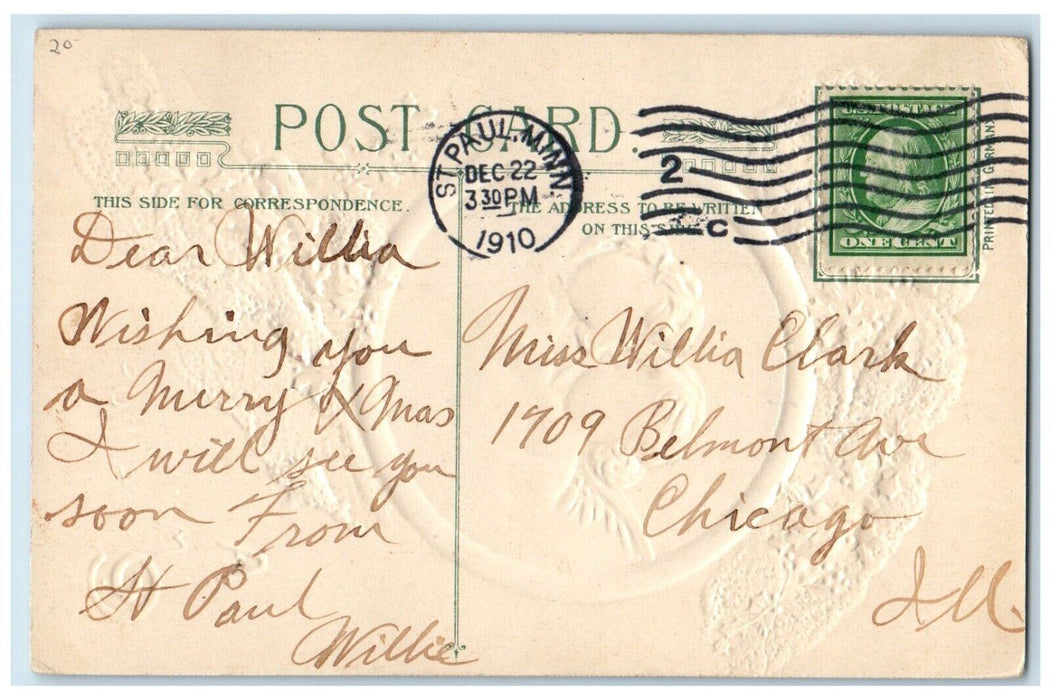 1910 Merry Christmas Holly Angels Cherub Head John Winsch Embossed Postcard