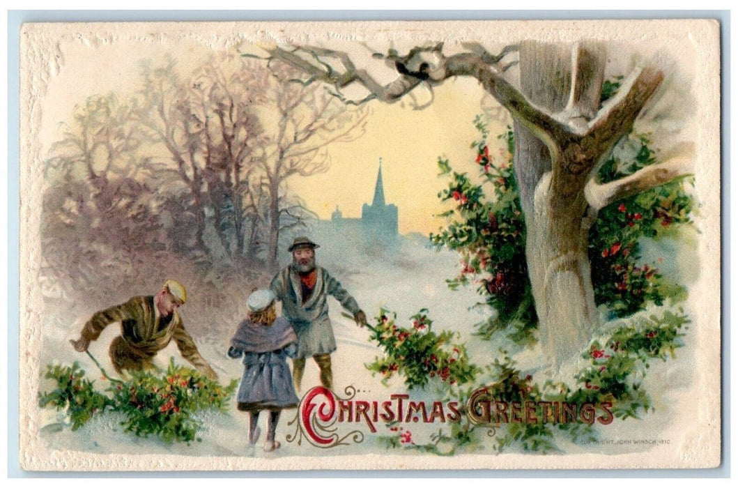 1910 Christmas Greetings Girl Boys Collecting Holly Berries John Winsch Postcard