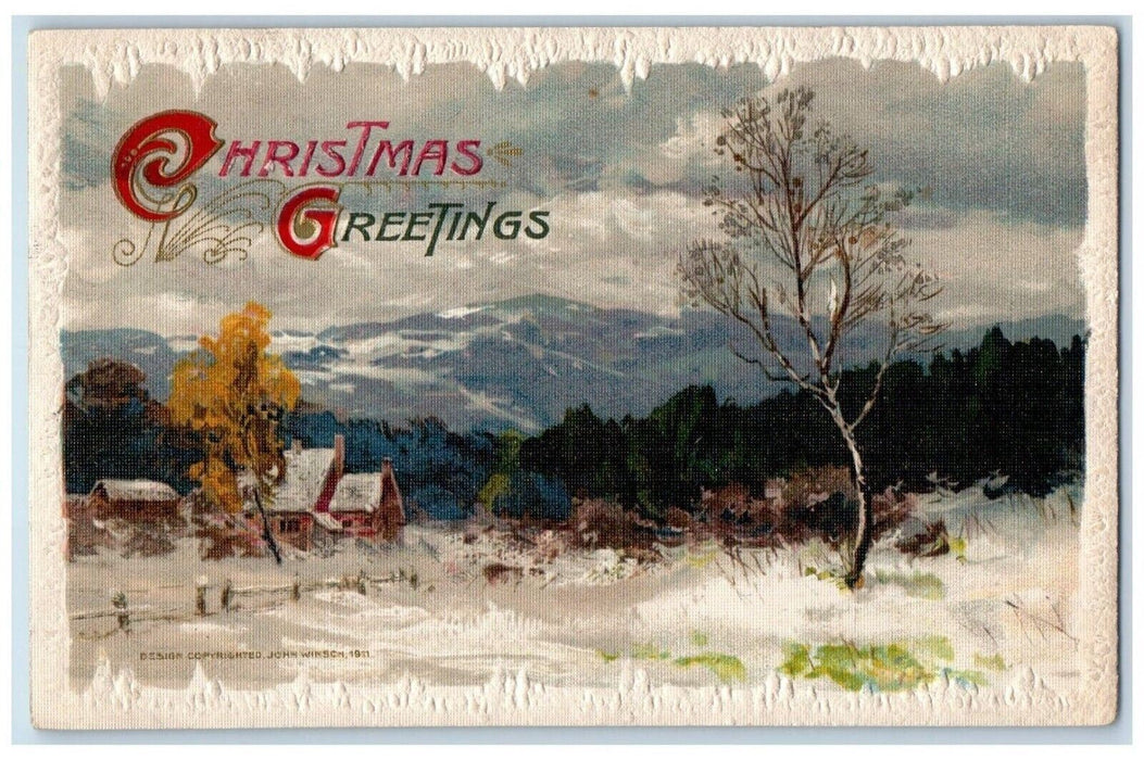 1911 Christmas Greetings House Mountain Winter In Snow John Winsch Silk Postcard