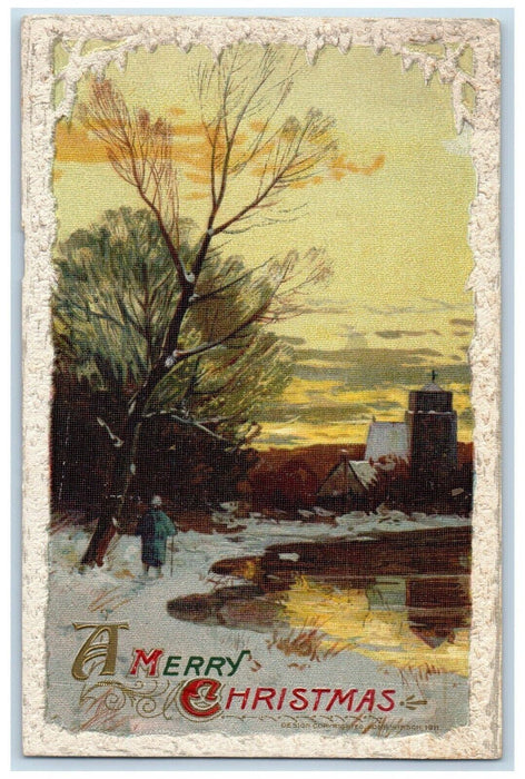 1913 Merry Christmas Winter Snow Pond John Winsch Artist Signed Silk Postcard