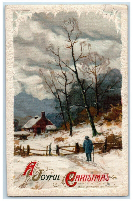 c1910's Christmas Man House Winter Snow John Winsch Artist Signed Silk Postcard