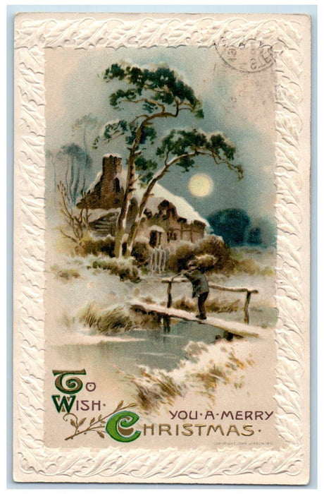 1910 Christmas Man Passing Wooden Bridge Moon View John Winsch Embossed Postcard