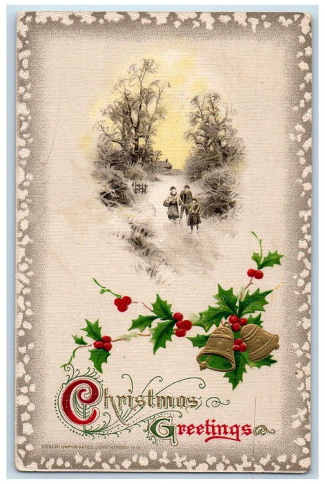 Christmas Greetings Holly Bells Family In Winter Snow John Winsch Postcard