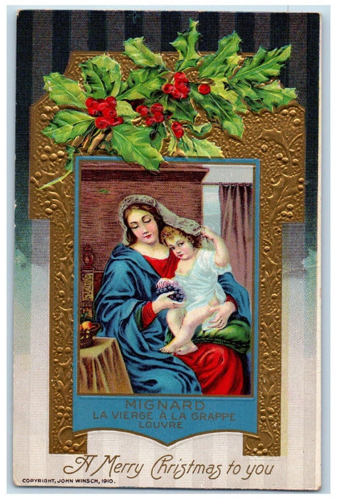 c1910's Christmas Mignard Mother And Child Grapes Holly John Winsch Postcard