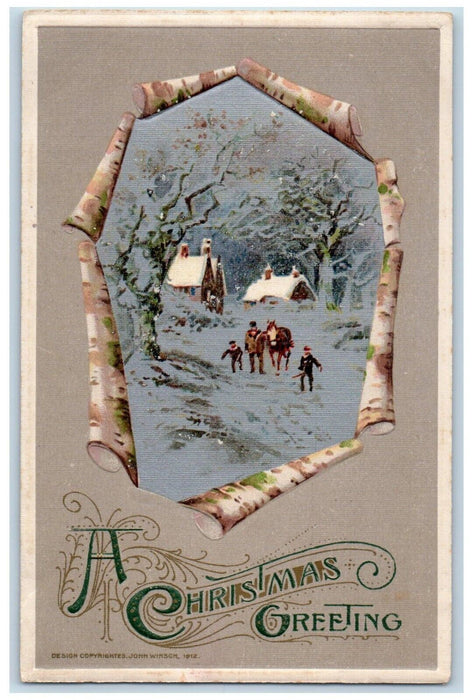 Christmas Greetings Father And Kids Horse In Winter Snow John Winsch Postcard