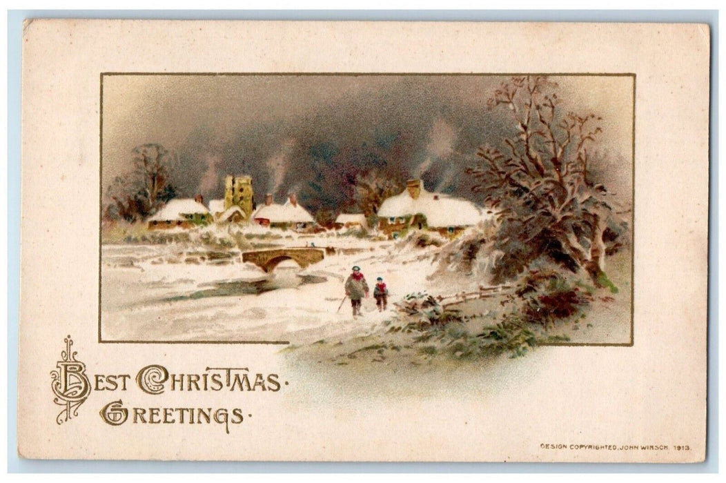 1915 Christmas Greetings Winter Snow John Winsch Embossed Artist Signed Postcard