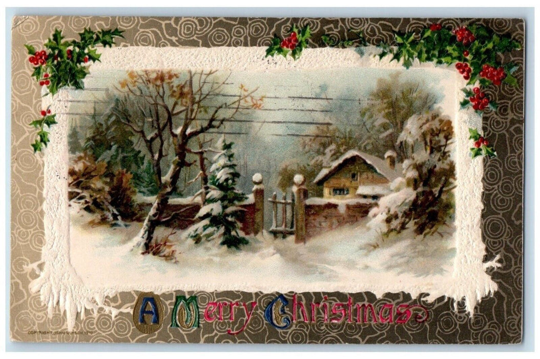 Christmas Pine Tree House Gate Winter Holly John Winsch Artist Signed Postcard