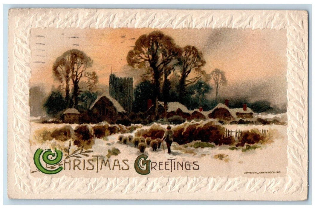 1910 Christmas Greetings House Trees Winter John Winsch Artist Signed Postcard