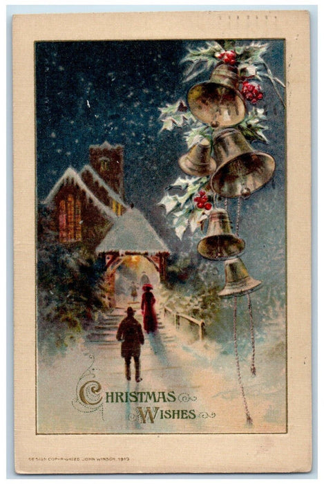 1914 Christmas Wishes Holly Bells Girl Coming Home John Winsch Embossed Postcard
