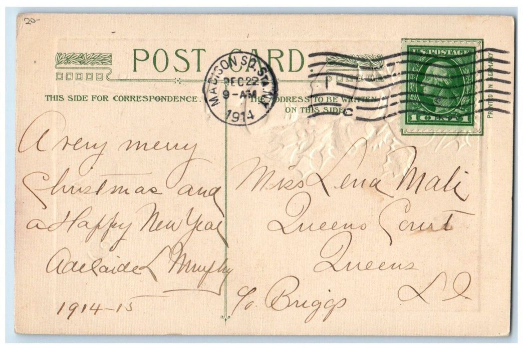 1914 Christmas Wishes Holly Bells Girl Coming Home John Winsch Embossed Postcard